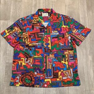 Mens Royaura Hawaiian‎ Colorful Artsy Abstract Graffiti Button Up Beach Shirt